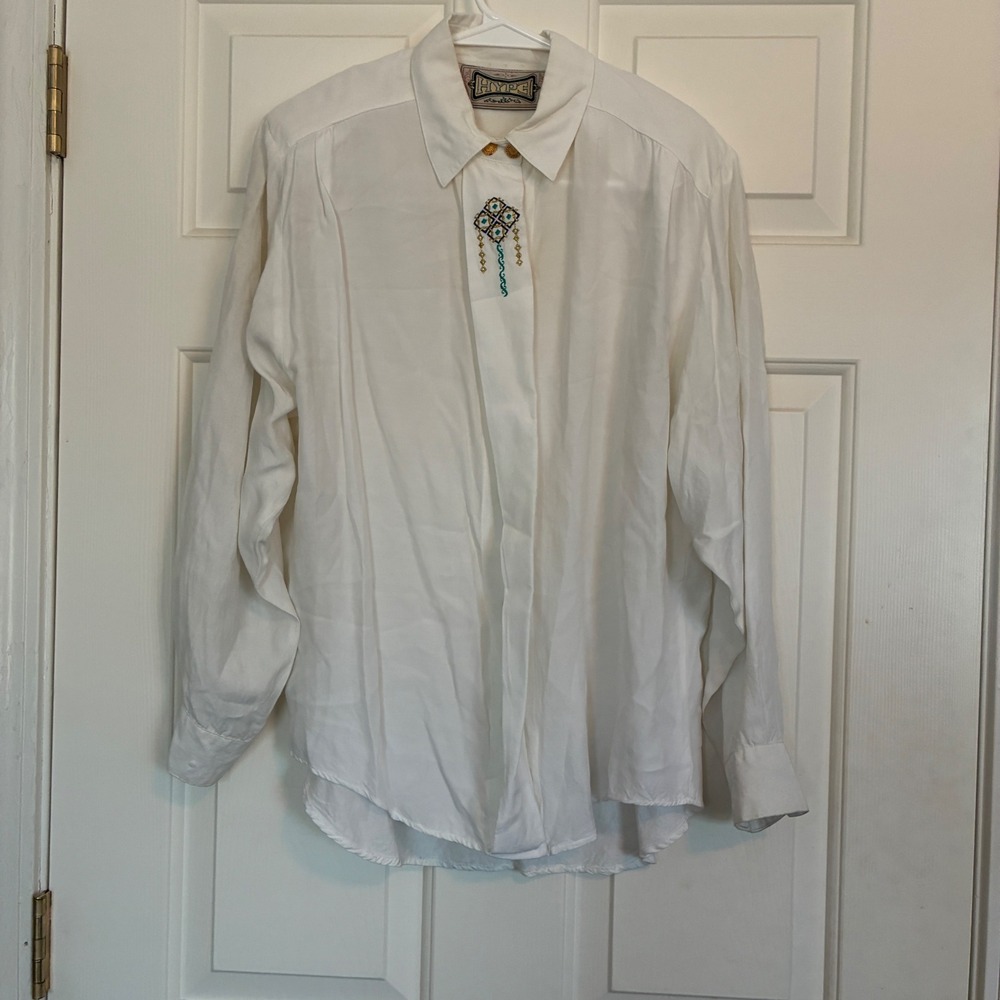 Vintage Hype Embroidered Button Down Blouse Womens Size L White Western Bolo Tie